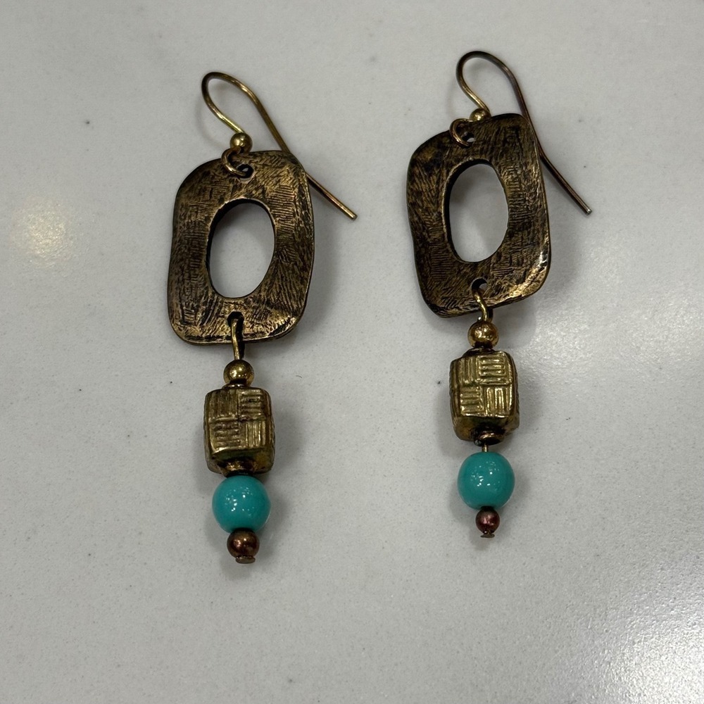 Bronze Tone Dangle Earrings with Turquoise Bead Boho Chic